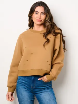 WOMEN'S LONG SLEEVE BACK FRINGE DISTRESS PULLOVER SWEATER