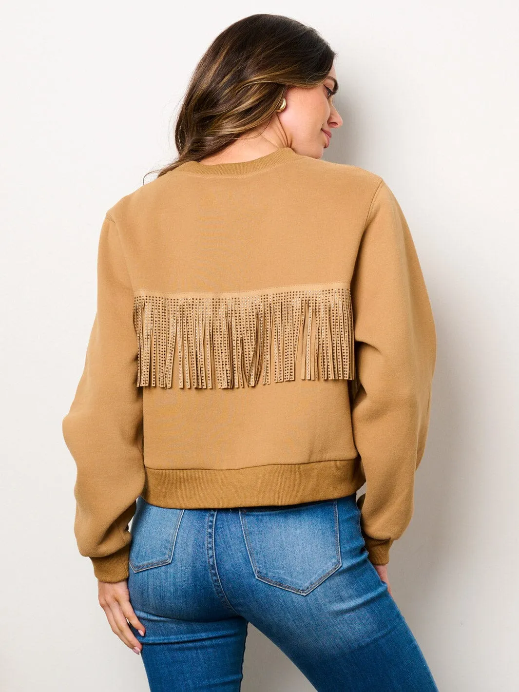 WOMEN'S LONG SLEEVE BACK FRINGE DISTRESS PULLOVER SWEATER