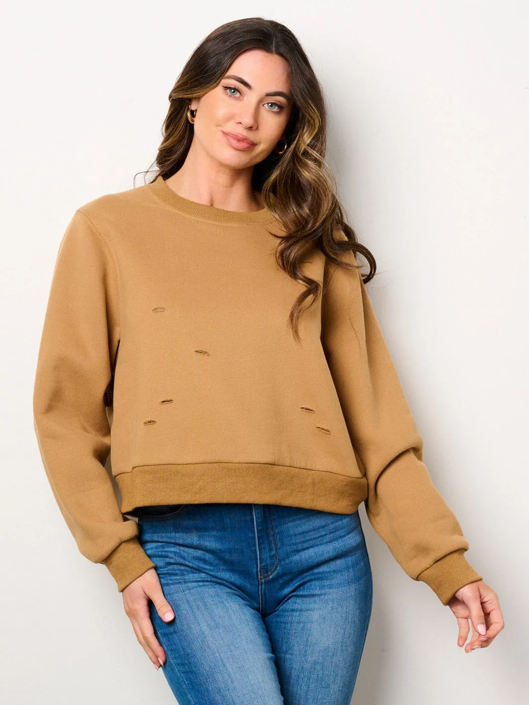 WOMEN'S LONG SLEEVE BACK FRINGE DISTRESS PULLOVER SWEATER