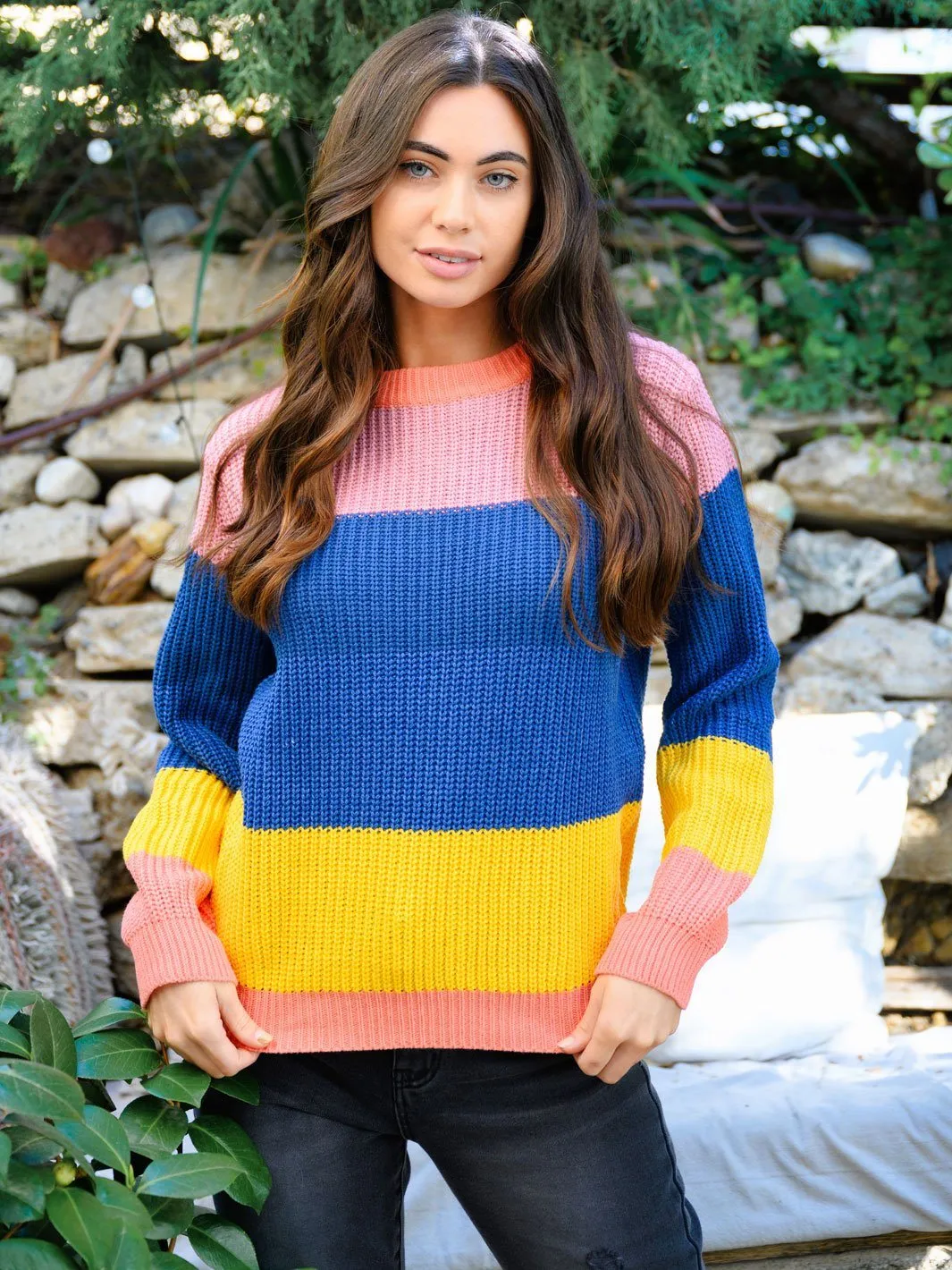 WOMEN'S LONG SLEEVE COLOR BLOCK SWEATER