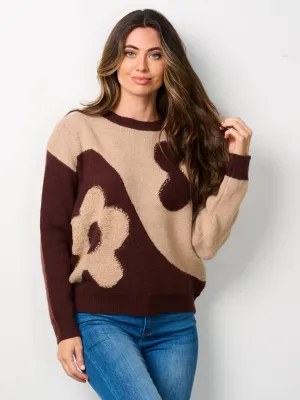 WOMEN'S LONG SLEEVE COLORBLOCK FLORAL PULLOVER SWEATER