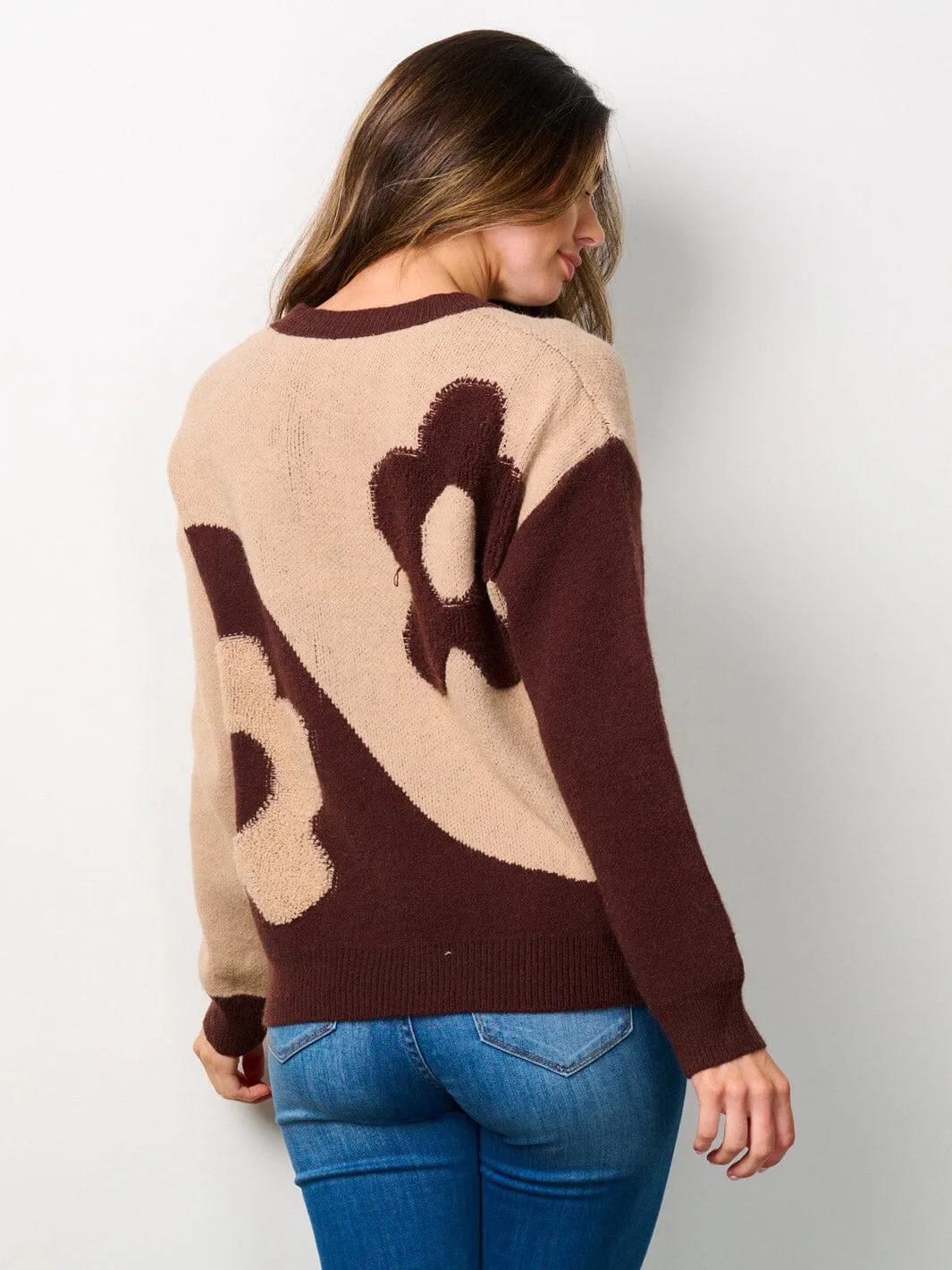 WOMEN'S LONG SLEEVE COLORBLOCK FLORAL PULLOVER SWEATER