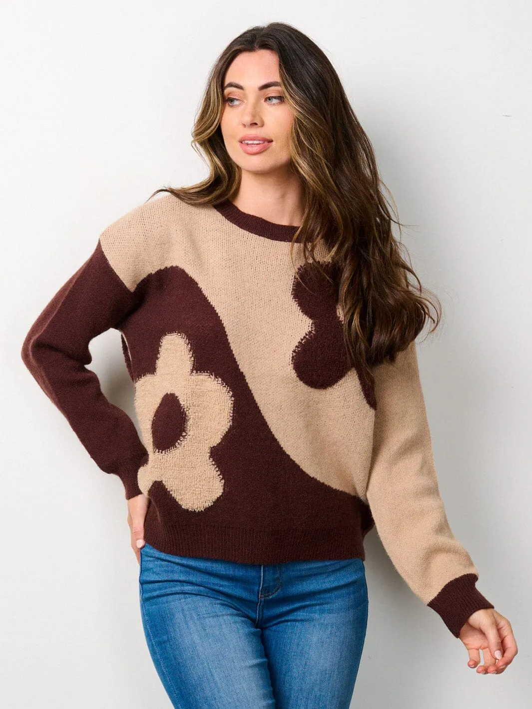 WOMEN'S LONG SLEEVE COLORBLOCK FLORAL PULLOVER SWEATER