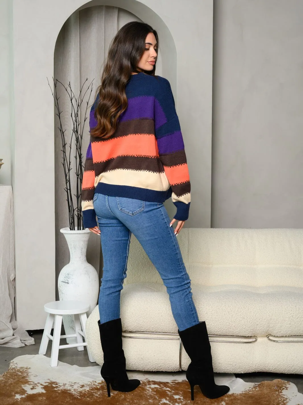 WOMEN'S LONG SLEEVE COLORBLOCK STRIPES SWEATER