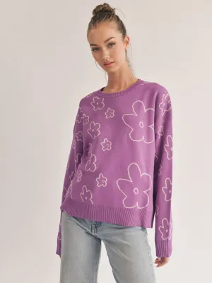 WOMEN'S LONG SLEEVE FLOWER PRINT PULLOVER SWEATER