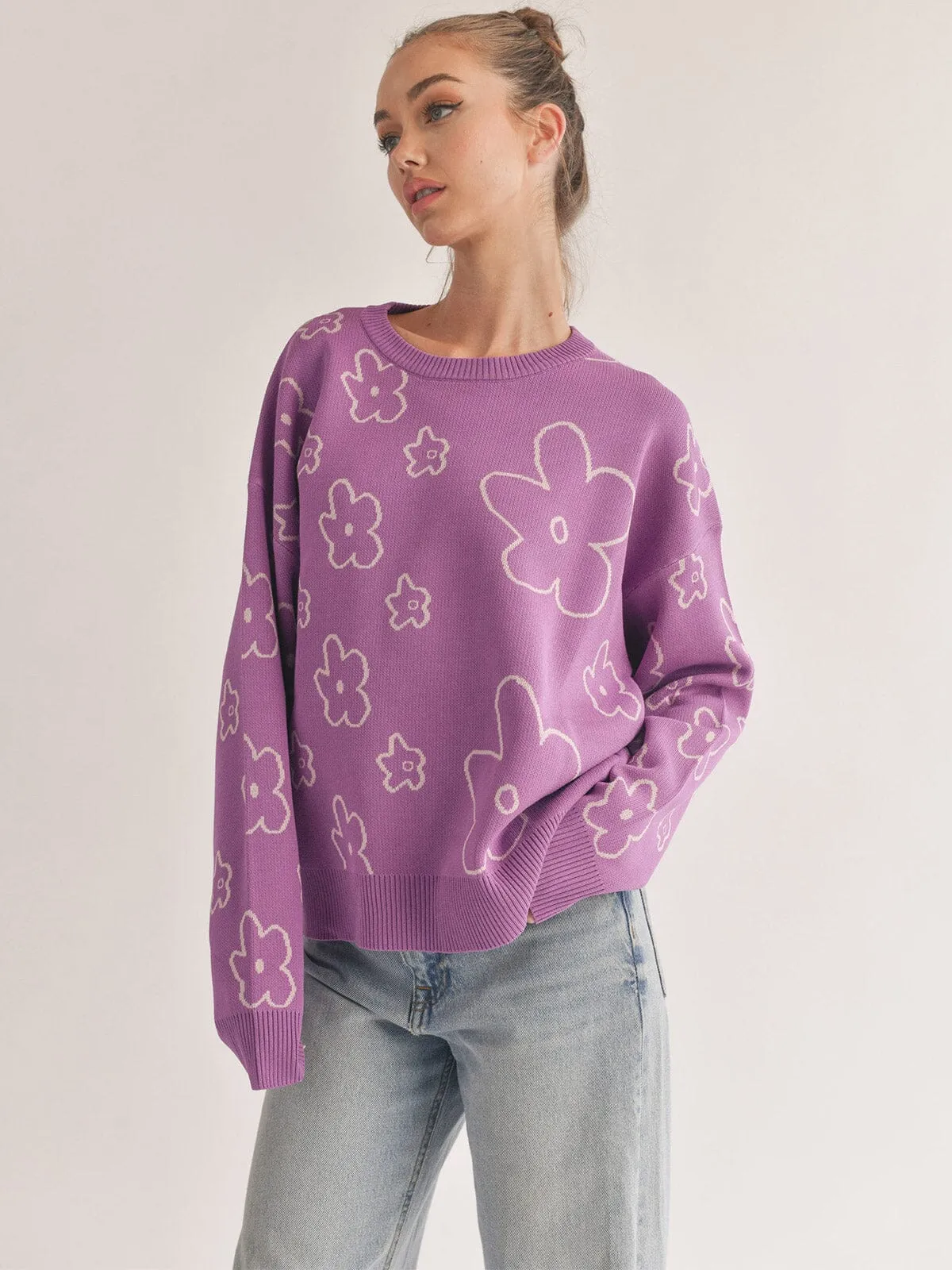 WOMEN'S LONG SLEEVE FLOWER PRINT PULLOVER SWEATER