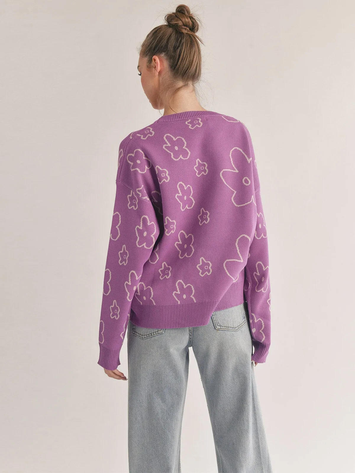 WOMEN'S LONG SLEEVE FLOWER PRINT PULLOVER SWEATER
