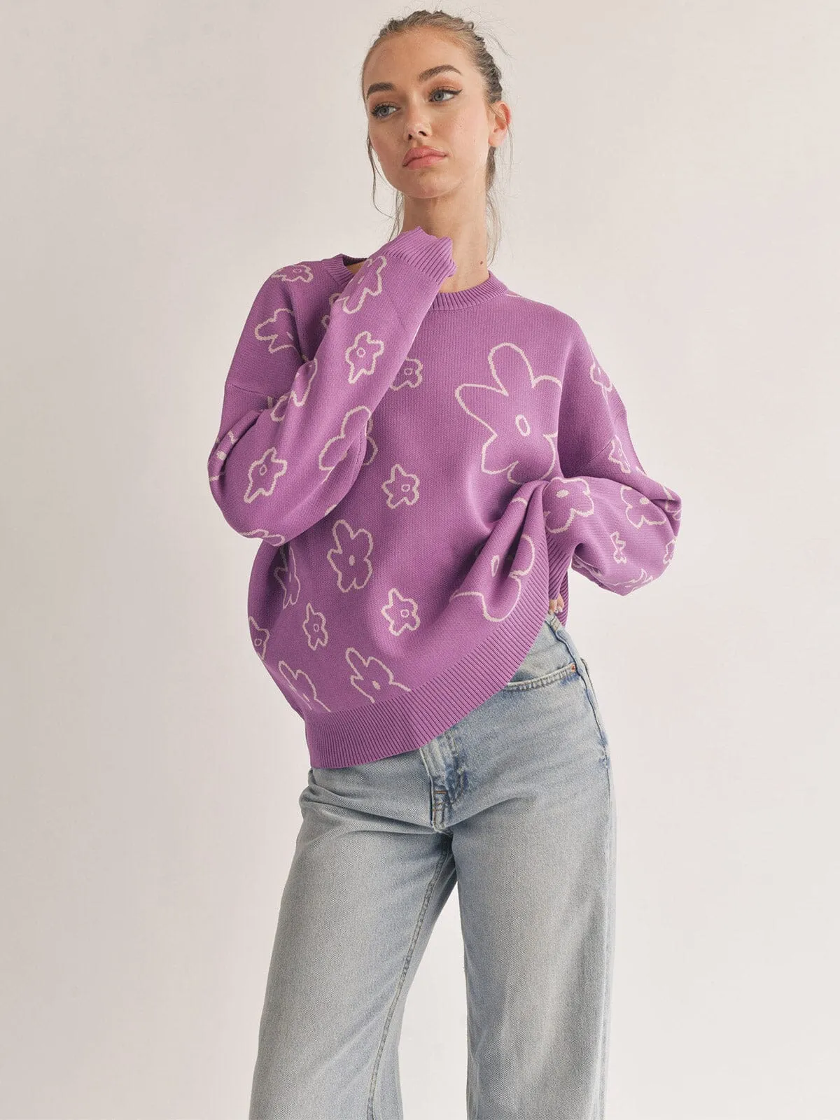 WOMEN'S LONG SLEEVE FLOWER PRINT PULLOVER SWEATER