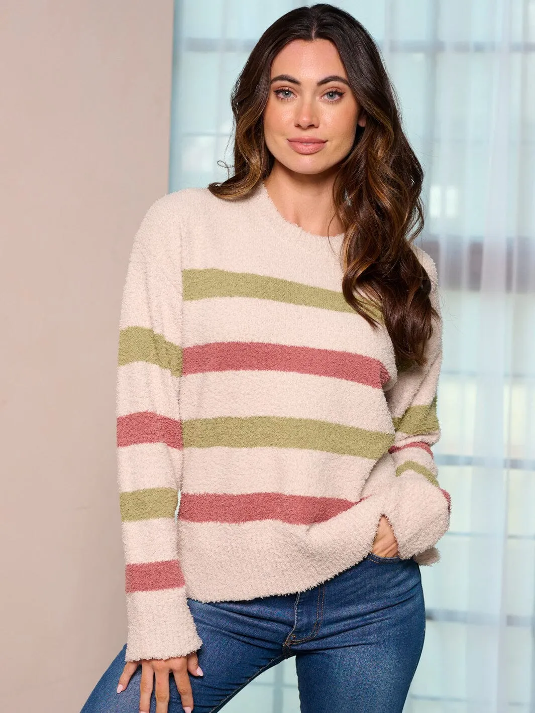 WOMEN'S LONG SLEEVE MULTI COLOR STRIPES PULLOVER SWEATER