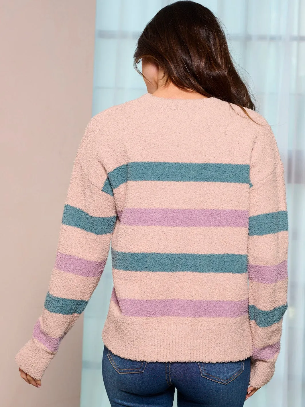 WOMEN'S LONG SLEEVE MULTI COLOR STRIPES PULLOVER SWEATER