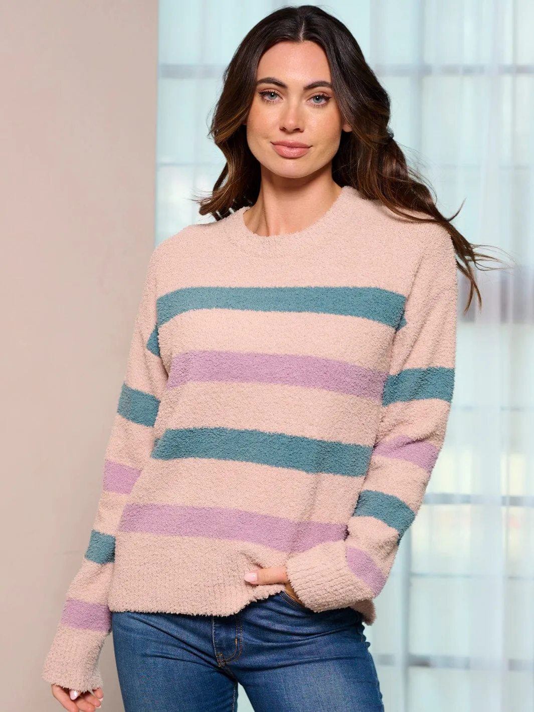 WOMEN'S LONG SLEEVE MULTI COLOR STRIPES PULLOVER SWEATER