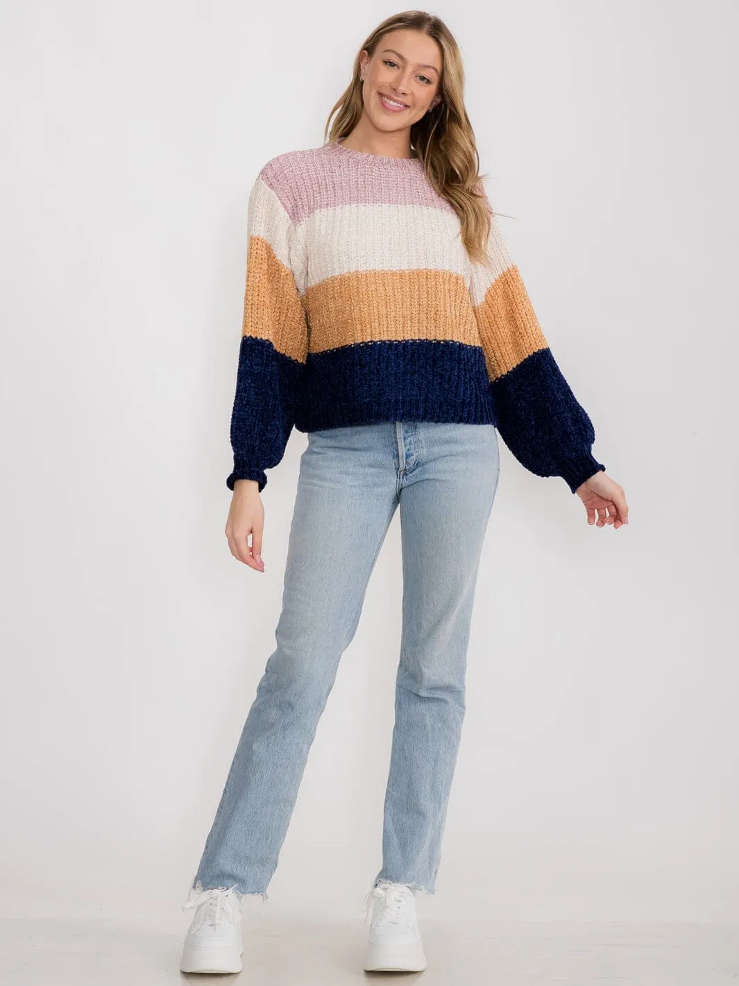 WOMEN'S LONG SLEEVE STRIPES COLORBLOCK PULLOVER SWEATER