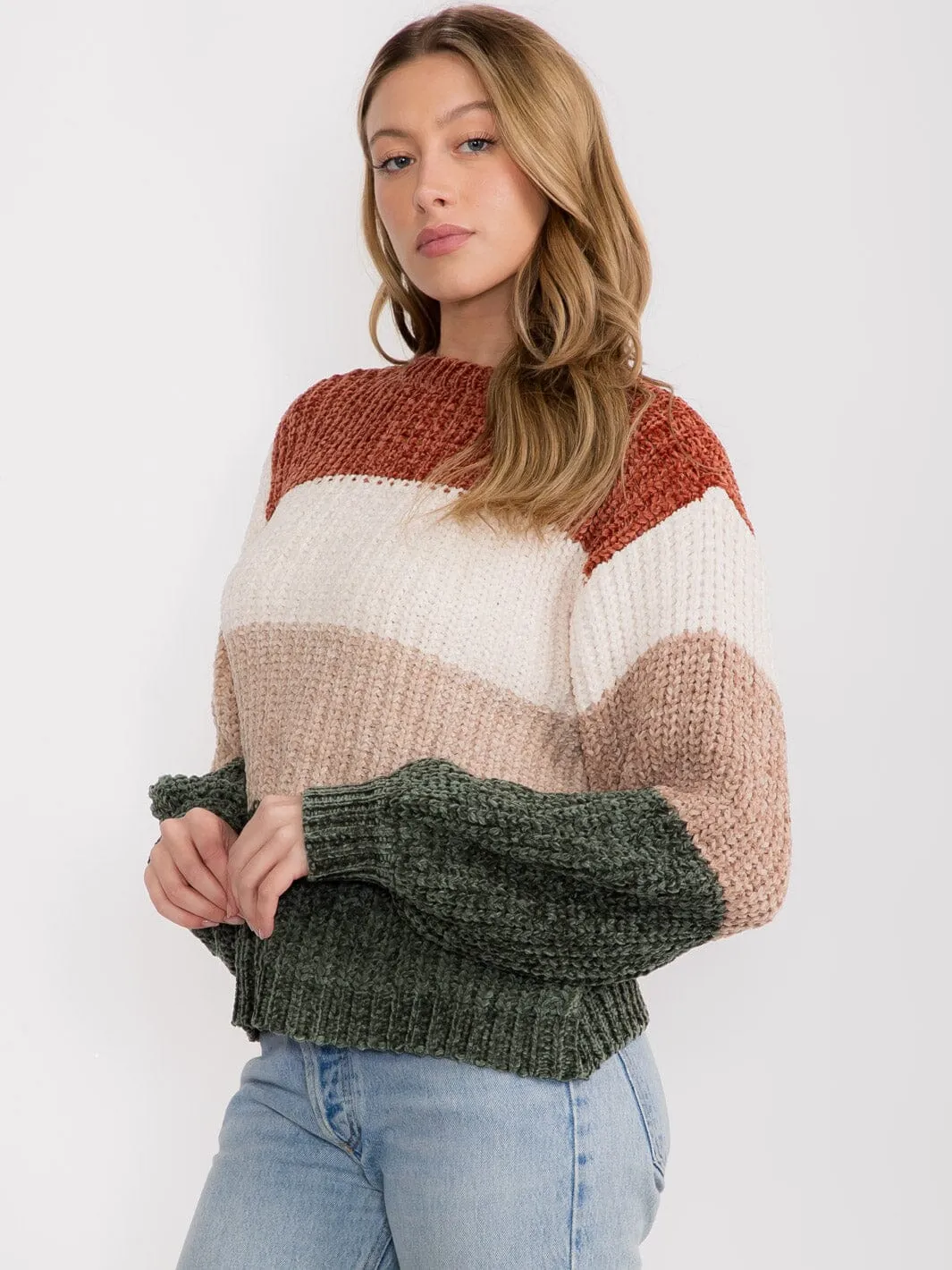 WOMEN'S LONG SLEEVE STRIPES COLORBLOCK PULLOVER SWEATER