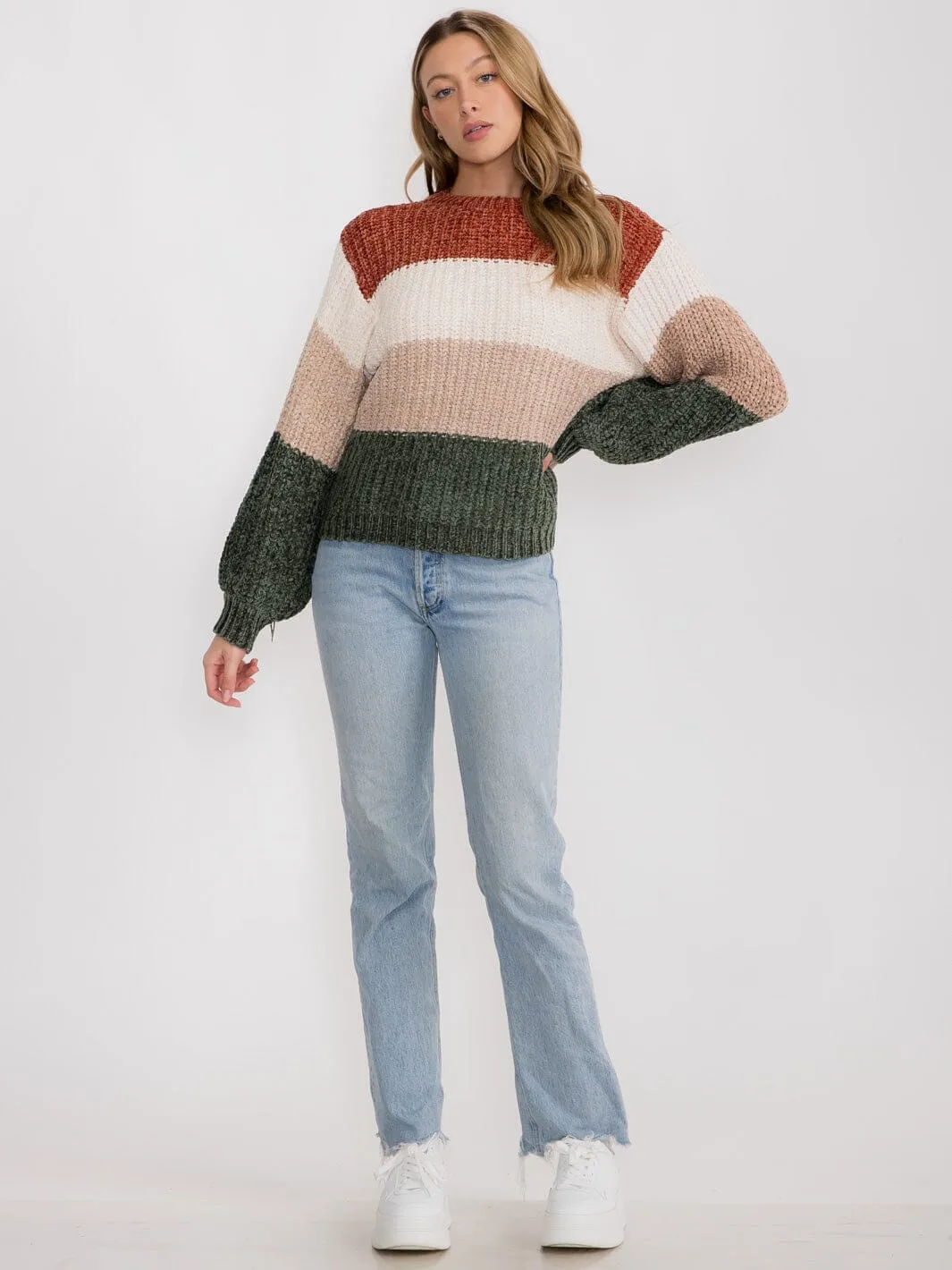 WOMEN'S LONG SLEEVE STRIPES COLORBLOCK PULLOVER SWEATER