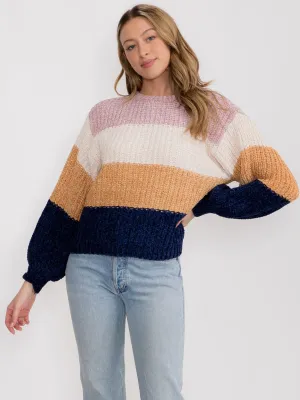 WOMEN'S LONG SLEEVE STRIPES COLORBLOCK PULLOVER SWEATER