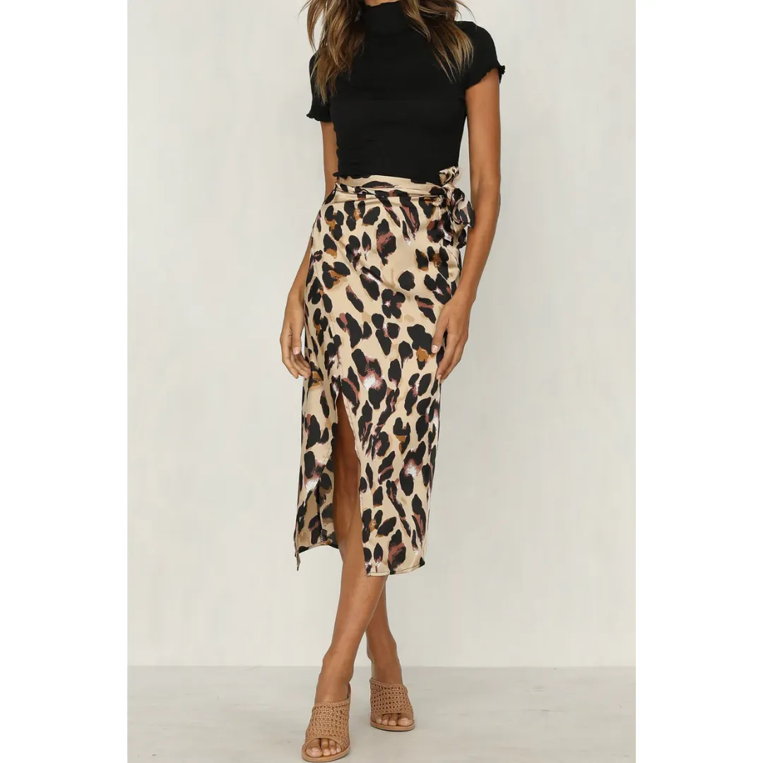 Women's Summer Leopard Print Slit Skirt | Midi