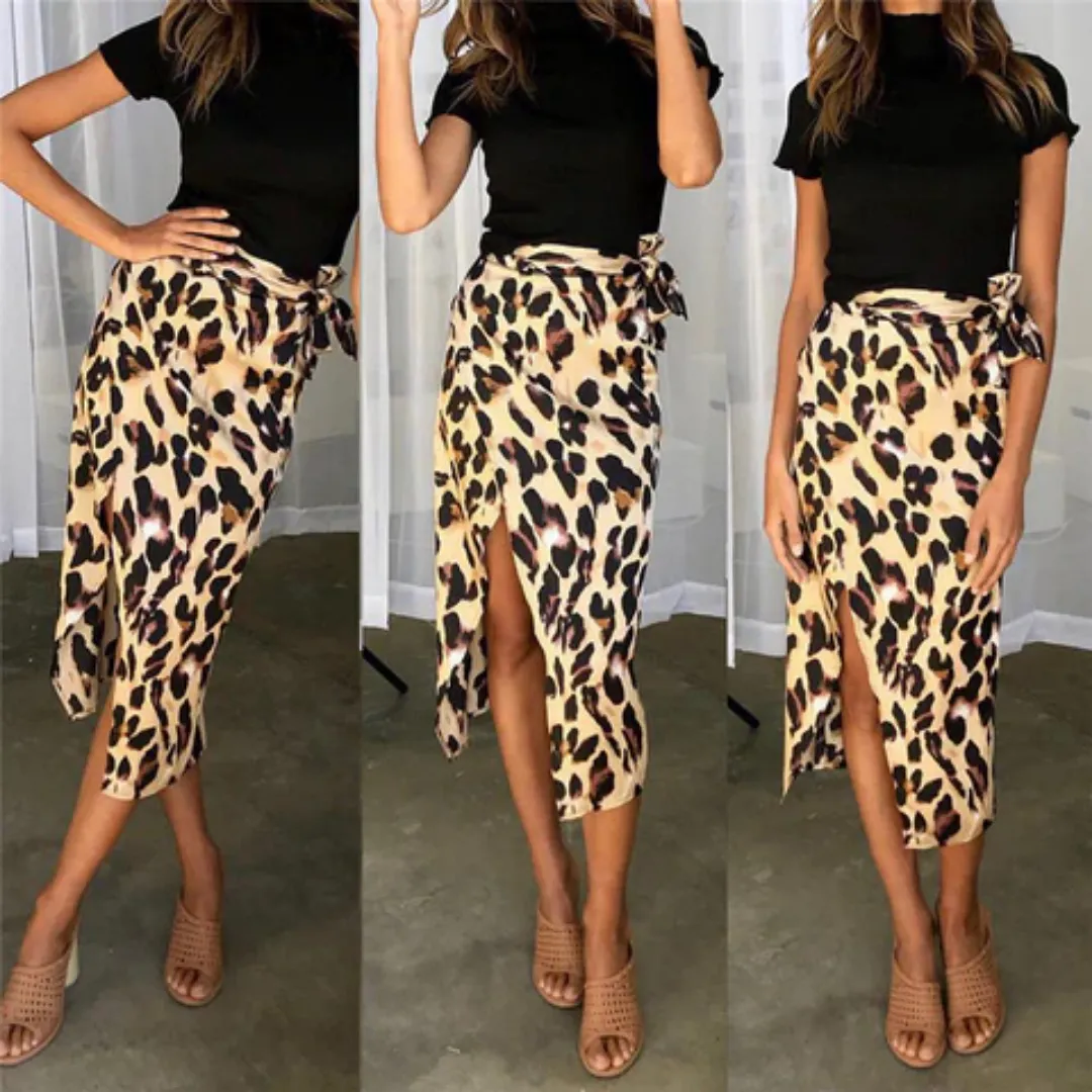 Women's Summer Leopard Print Slit Skirt | Midi