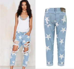 Women's Vintage Jeans Big Holes Ripped Denim Stars Printed Skinny Jeans 8039