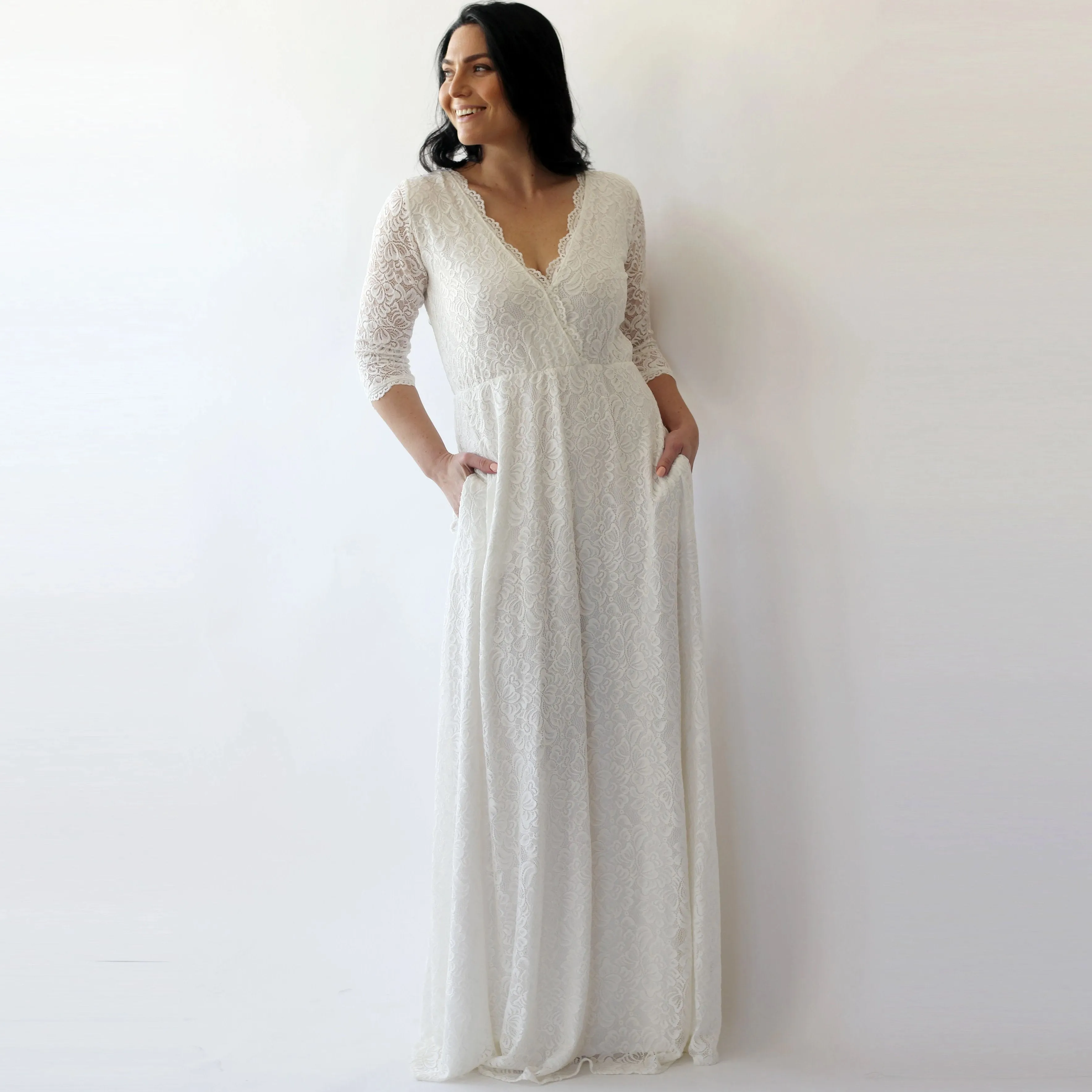 Wrap lace wedding dress with pockets #1273